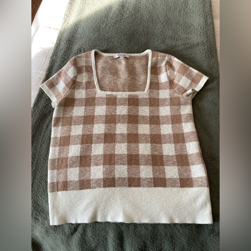 Madewell Brown and Cream Checkered Knit Top